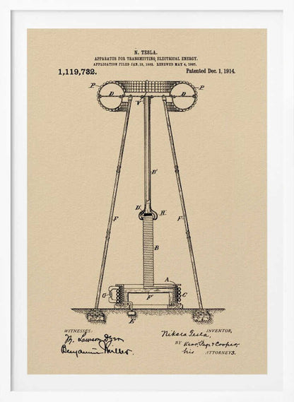 A framed vintage patent print of Nikola Tesla's 'Apparatus for Transmitting Electrical Energy,' dated 1914. The illustration shows a detailed technical drawing of a large tower-like structure on a beige parchment-style background, complete with patent number, dates, and signatures. Print
