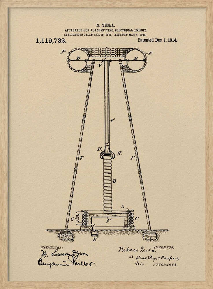 A framed vintage patent print of Nikola Tesla's 'Apparatus for Transmitting Electrical Energy,' dated 1914. The illustration shows a detailed technical drawing of a large tower-like structure on a beige parchment-style background, complete with patent number, dates, and signatures. Print