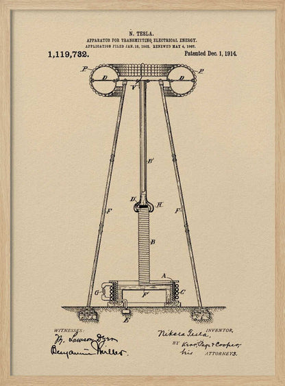 A framed vintage patent print of Nikola Tesla's 'Apparatus for Transmitting Electrical Energy,' dated 1914. The illustration shows a detailed technical drawing of a large tower-like structure on a beige parchment-style background, complete with patent number, dates, and signatures. Print