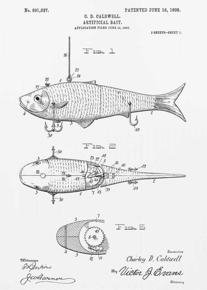 A framed black and white patent illustration for an 'Artificial Bait' by C.D. Caldwell, dated June 16, 1908. The drawing displays multiple figures of a fish-shaped lure, including side, top, and cross-section views with detailed mechanical parts and labels. Artwork