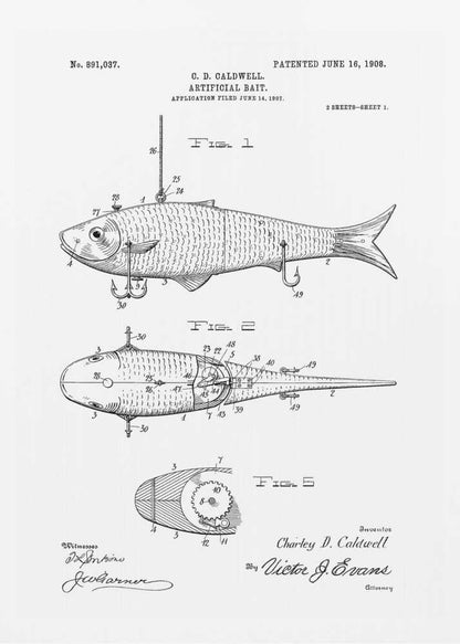 A framed black and white patent illustration for an 'Artificial Bait' by C.D. Caldwell, dated June 16, 1908. The drawing displays multiple figures of a fish-shaped lure, including side, top, and cross-section views with detailed mechanical parts and labels. Artwork