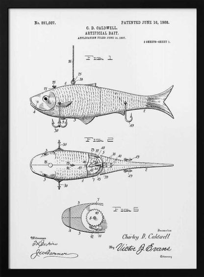 A framed black and white patent illustration for an 'Artificial Bait' by C.D. Caldwell, dated June 16, 1908. The drawing displays multiple figures of a fish-shaped lure, including side, top, and cross-section views with detailed mechanical parts and labels. Artwork