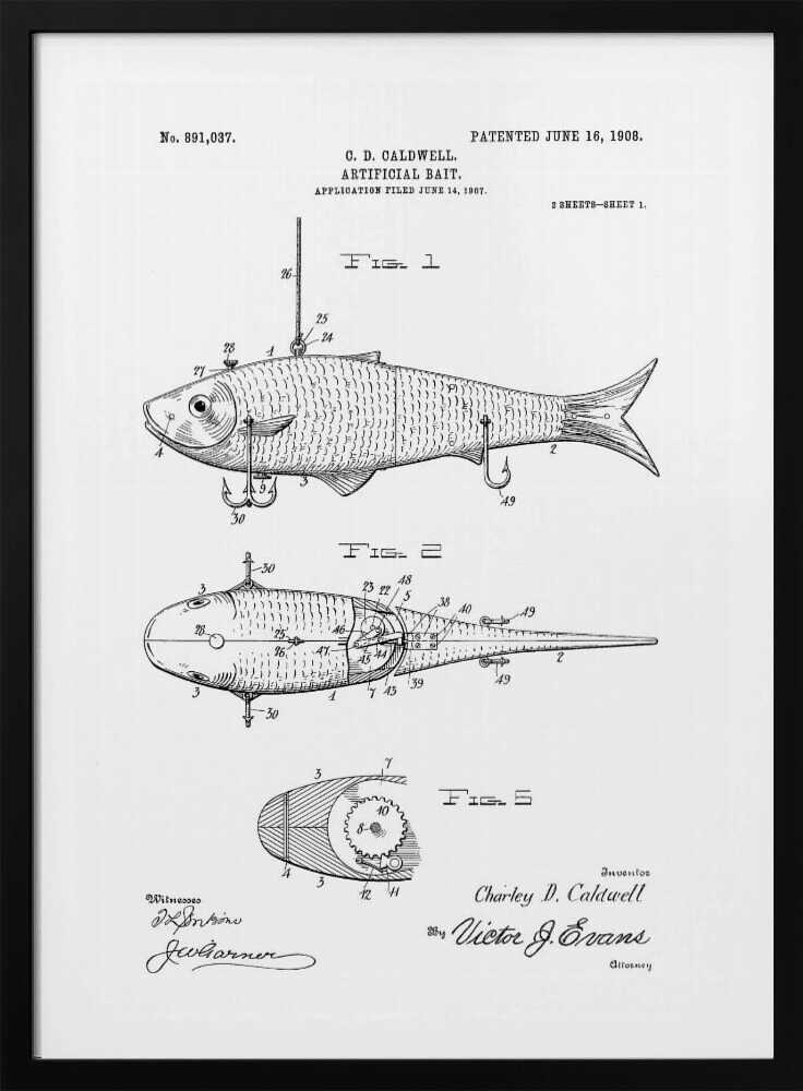 A framed black and white patent illustration for an 'Artificial Bait' by C.D. Caldwell, dated June 16, 1908. The drawing displays multiple figures of a fish-shaped lure, including side, top, and cross-section views with detailed mechanical parts and labels. Artwork