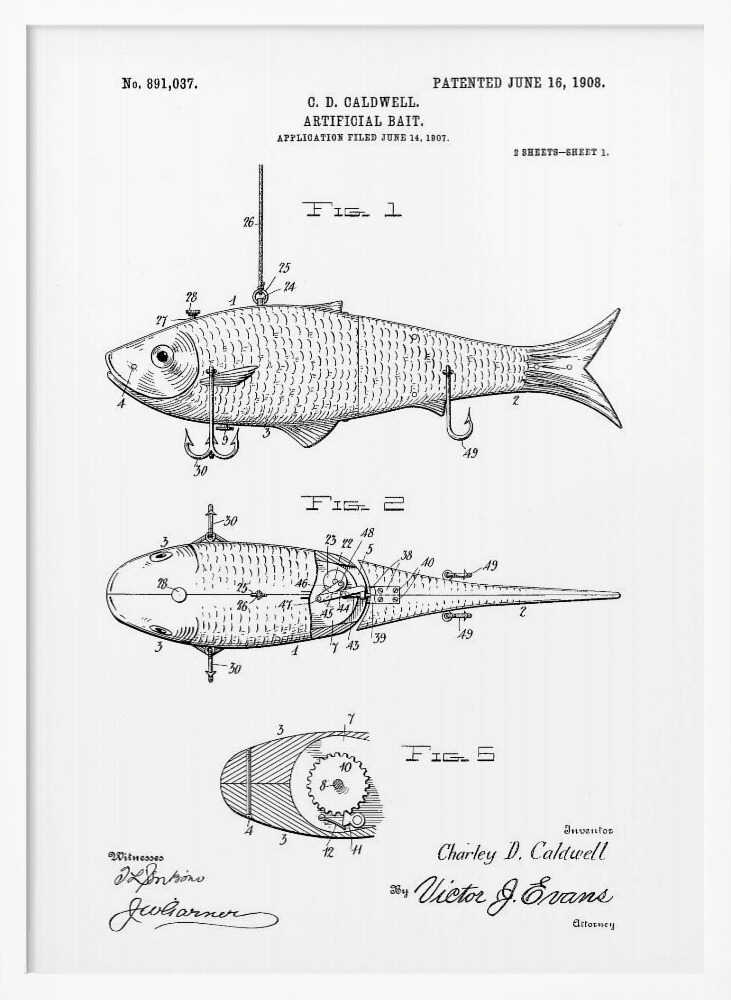 A framed black and white patent illustration for an 'Artificial Bait' by C.D. Caldwell, dated June 16, 1908. The drawing displays multiple figures of a fish-shaped lure, including side, top, and cross-section views with detailed mechanical parts and labels. Artwork