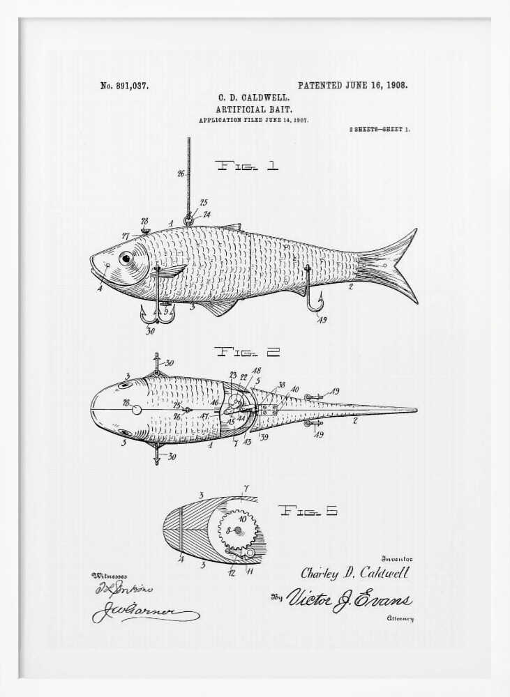 A framed black and white patent illustration for an 'Artificial Bait' by C.D. Caldwell, dated June 16, 1908. The drawing displays multiple figures of a fish-shaped lure, including side, top, and cross-section views with detailed mechanical parts and labels. Artwork