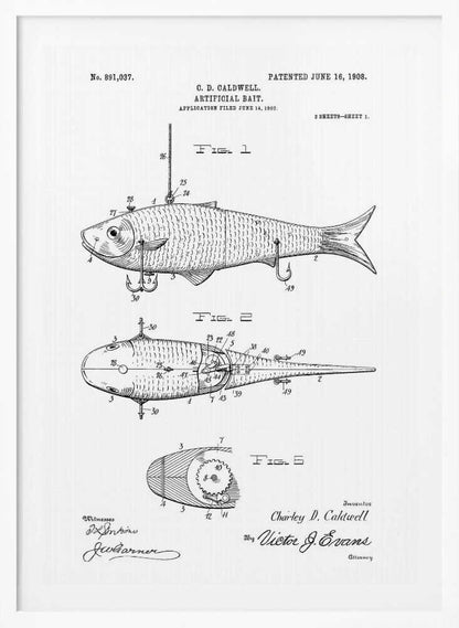 A framed black and white patent illustration for an 'Artificial Bait' by C.D. Caldwell, dated June 16, 1908. The drawing displays multiple figures of a fish-shaped lure, including side, top, and cross-section views with detailed mechanical parts and labels. Artwork