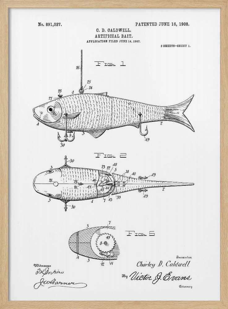 A framed black and white patent illustration for an 'Artificial Bait' by C.D. Caldwell, dated June 16, 1908. The drawing displays multiple figures of a fish-shaped lure, including side, top, and cross-section views with detailed mechanical parts and labels. Artwork