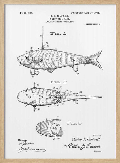 A framed black and white patent illustration for an 'Artificial Bait' by C.D. Caldwell, dated June 16, 1908. The drawing displays multiple figures of a fish-shaped lure, including side, top, and cross-section views with detailed mechanical parts and labels. Artwork