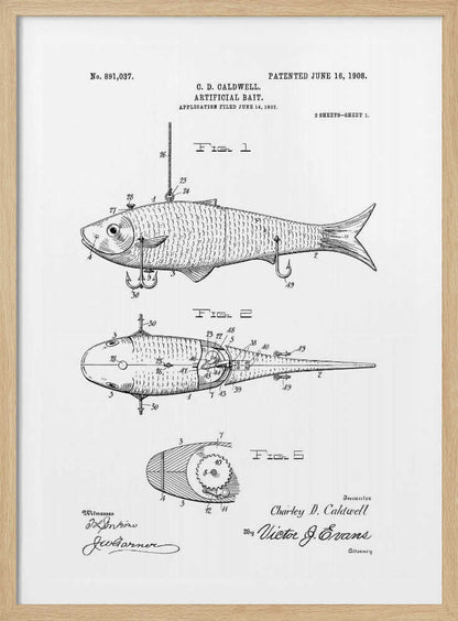 A framed black and white patent illustration for an 'Artificial Bait' by C.D. Caldwell, dated June 16, 1908. The drawing displays multiple figures of a fish-shaped lure, including side, top, and cross-section views with detailed mechanical parts and labels. Artwork