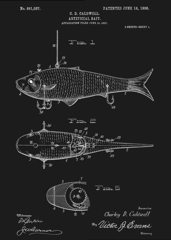 A vintage patent illustration for an 'Artificial Bait' by C.D. Caldwell, patented June 16, 1908. The artwork is a black and white blueprint-style drawing on a black background, showing multiple figures of a mechanical fishing lure with hooks. Wall Art