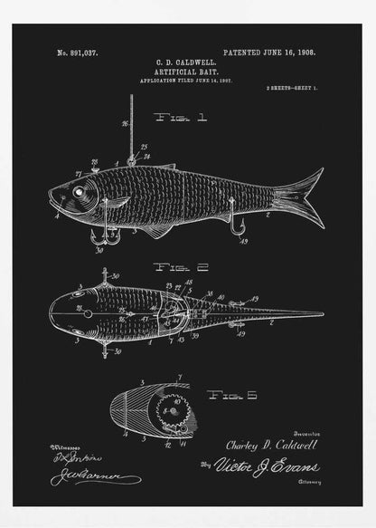 A vintage patent illustration for an 'Artificial Bait' by C.D. Caldwell, patented June 16, 1908. The artwork is a black and white blueprint-style drawing on a black background, showing multiple figures of a mechanical fishing lure with hooks. Wall Art