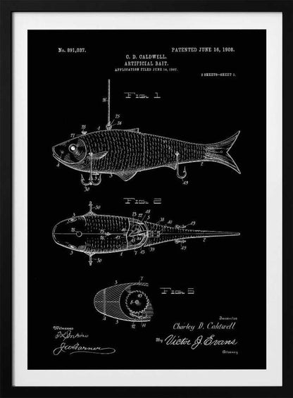 A vintage patent illustration for an 'Artificial Bait' by C.D. Caldwell, patented June 16, 1908. The artwork is a black and white blueprint-style drawing on a black background, showing multiple figures of a mechanical fishing lure with hooks. Wall Art