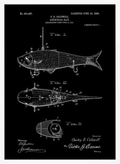 A vintage patent illustration for an 'Artificial Bait' by C.D. Caldwell, patented June 16, 1908. The artwork is a black and white blueprint-style drawing on a black background, showing multiple figures of a mechanical fishing lure with hooks. Wall Art