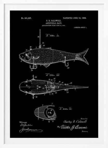 A vintage patent illustration for an 'Artificial Bait' by C.D. Caldwell, patented June 16, 1908. The artwork is a black and white blueprint-style drawing on a black background, showing multiple figures of a mechanical fishing lure with hooks. Wall Art