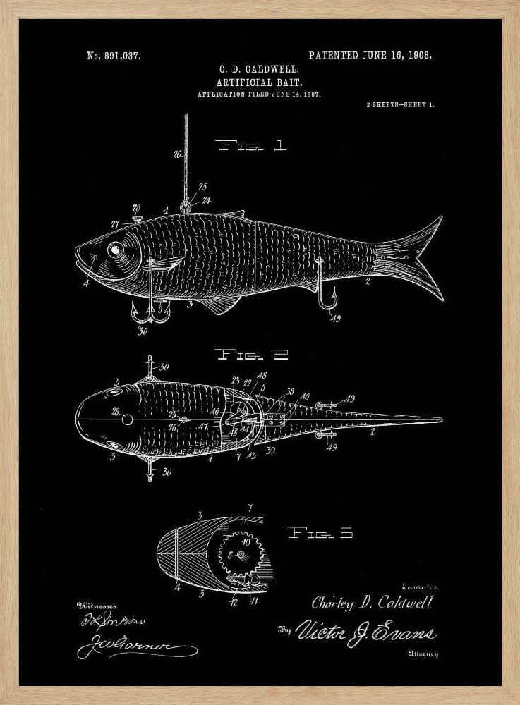 A vintage patent illustration for an 'Artificial Bait' by C.D. Caldwell, patented June 16, 1908. The artwork is a black and white blueprint-style drawing on a black background, showing multiple figures of a mechanical fishing lure with hooks. Wall Art