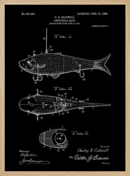 A vintage patent illustration for an 'Artificial Bait' by C.D. Caldwell, patented June 16, 1908. The artwork is a black and white blueprint-style drawing on a black background, showing multiple figures of a mechanical fishing lure with hooks. Wall Art