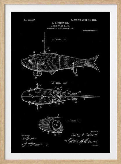A vintage patent illustration for an 'Artificial Bait' by C.D. Caldwell, patented June 16, 1908. The artwork is a black and white blueprint-style drawing on a black background, showing multiple figures of a mechanical fishing lure with hooks. Wall Art