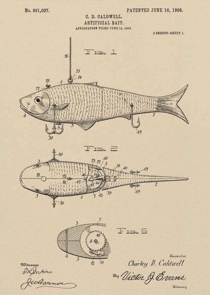 A framed vintage patent illustration for an artificial fishing bait, dated 1908. The technical drawing on beige paper shows multiple views of a fish-shaped lure, including its internal mechanics and hooks, complete with inventor and witness signatures. Decor