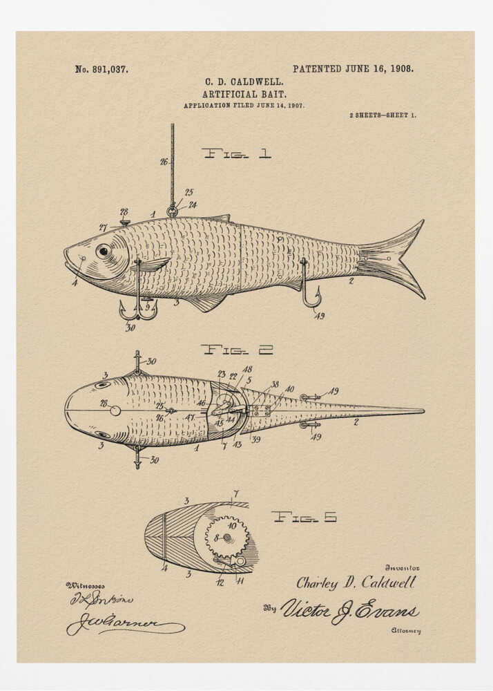 A framed vintage patent illustration for an artificial fishing bait, dated 1908. The technical drawing on beige paper shows multiple views of a fish-shaped lure, including its internal mechanics and hooks, complete with inventor and witness signatures. Decor