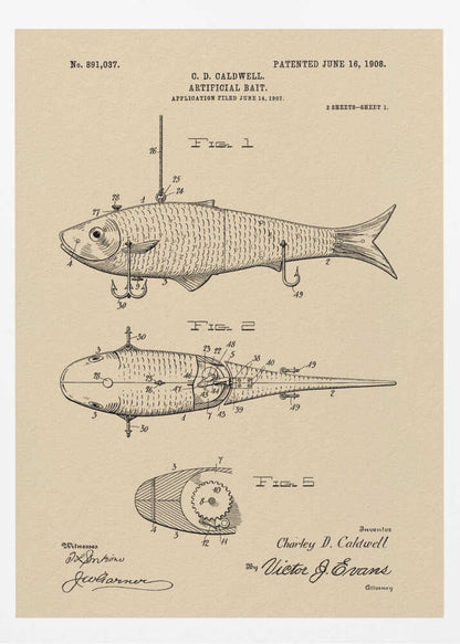 A framed vintage patent illustration for an artificial fishing bait, dated 1908. The technical drawing on beige paper shows multiple views of a fish-shaped lure, including its internal mechanics and hooks, complete with inventor and witness signatures. Decor