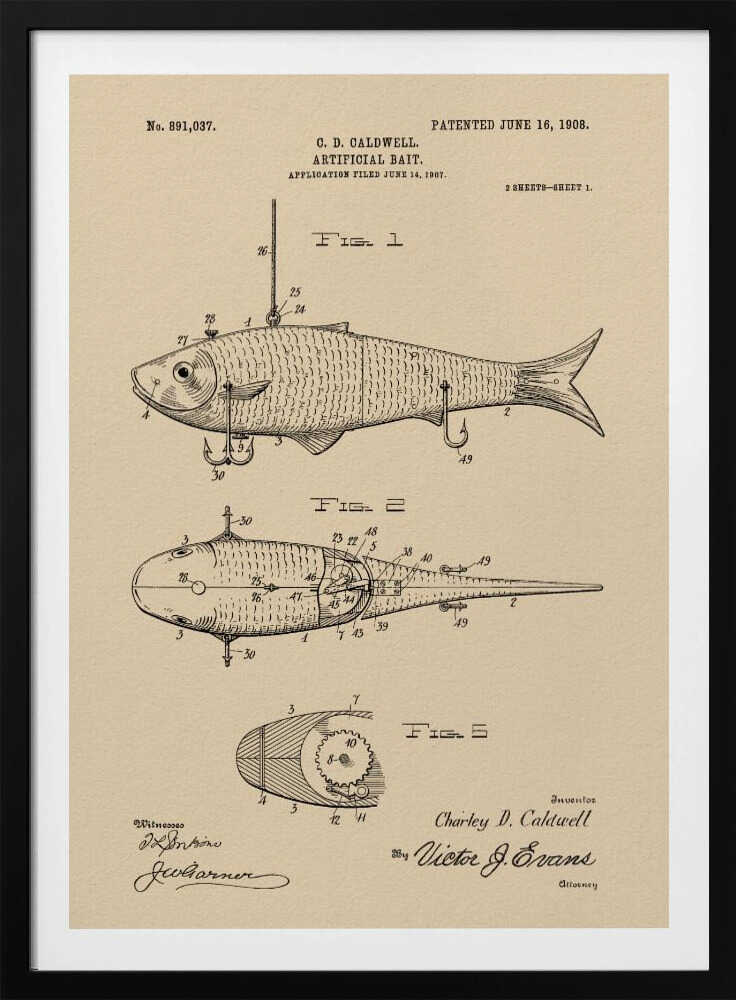 A framed vintage patent illustration for an artificial fishing bait, dated 1908. The technical drawing on beige paper shows multiple views of a fish-shaped lure, including its internal mechanics and hooks, complete with inventor and witness signatures. Decor