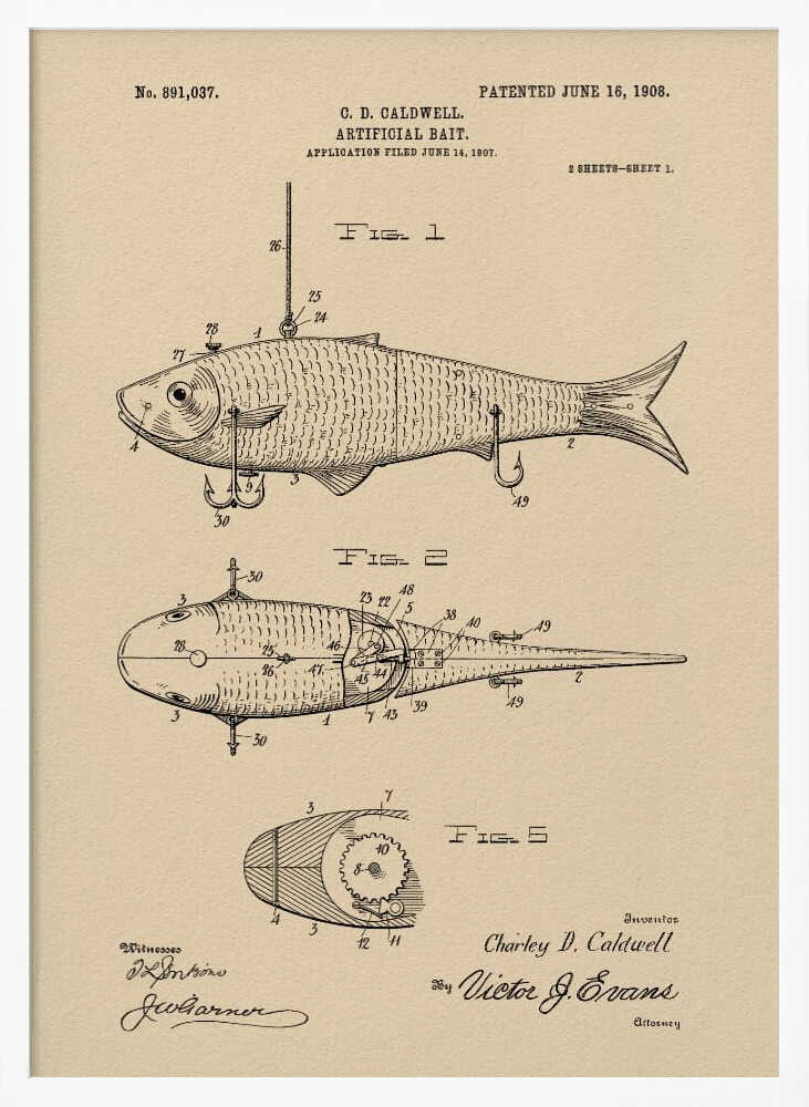 A framed vintage patent illustration for an artificial fishing bait, dated 1908. The technical drawing on beige paper shows multiple views of a fish-shaped lure, including its internal mechanics and hooks, complete with inventor and witness signatures. Decor