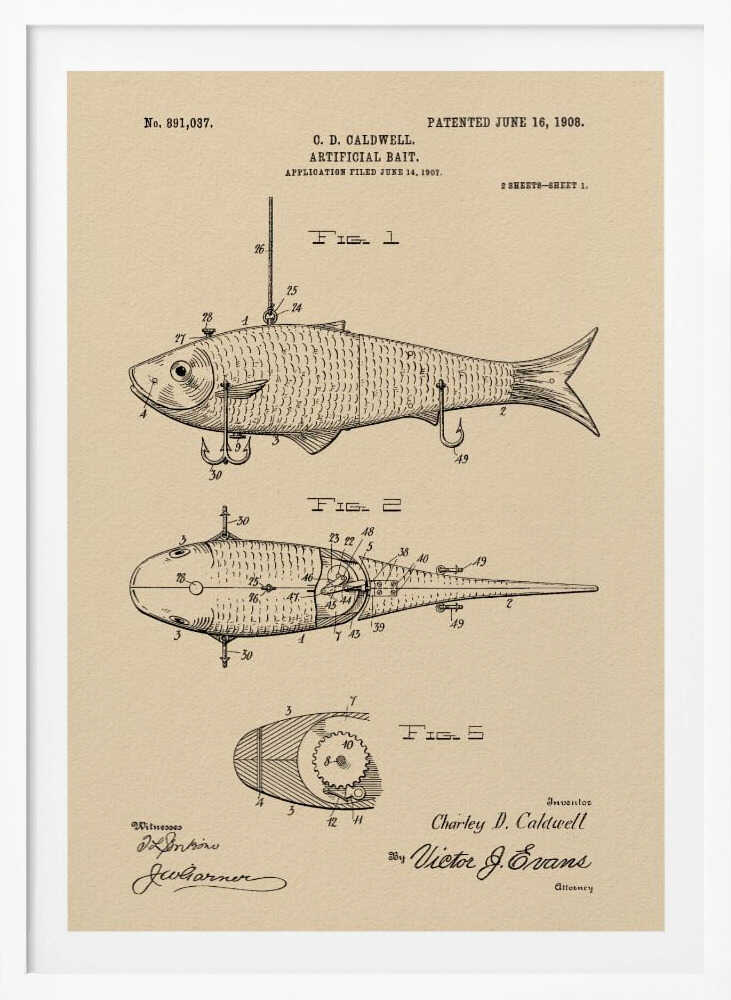 A framed vintage patent illustration for an artificial fishing bait, dated 1908. The technical drawing on beige paper shows multiple views of a fish-shaped lure, including its internal mechanics and hooks, complete with inventor and witness signatures. Decor