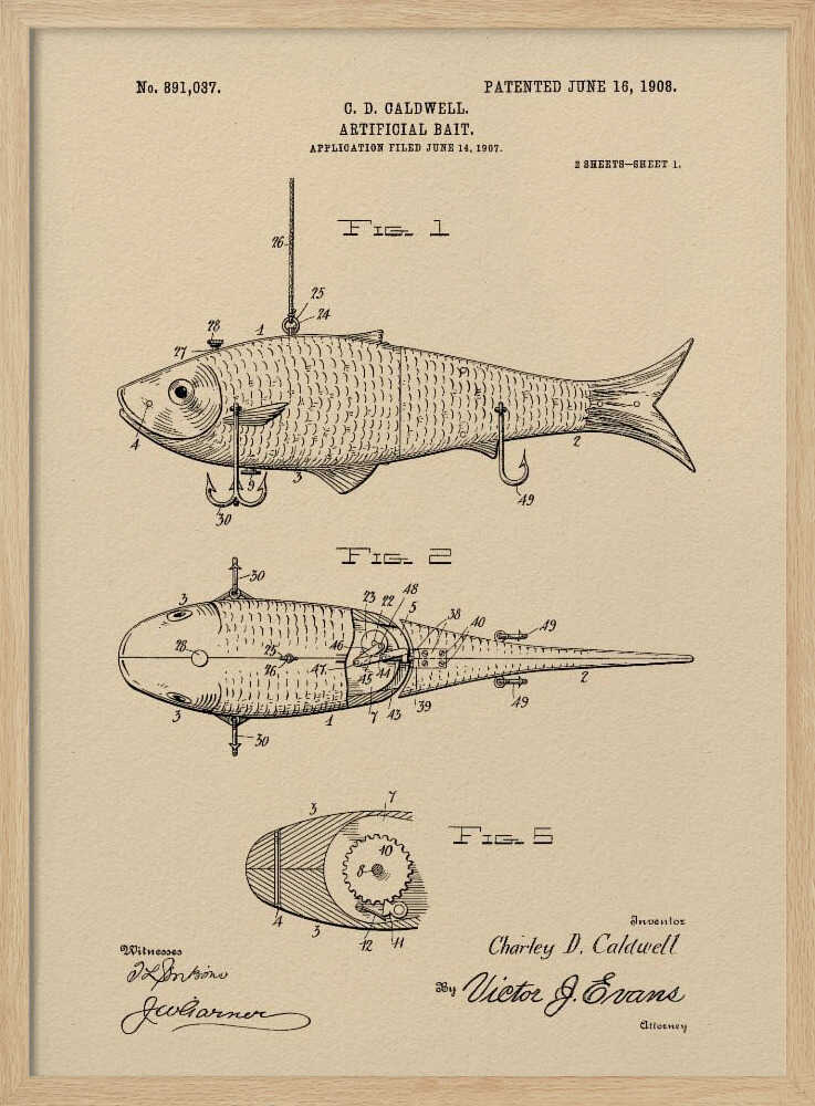 A framed vintage patent illustration for an artificial fishing bait, dated 1908. The technical drawing on beige paper shows multiple views of a fish-shaped lure, including its internal mechanics and hooks, complete with inventor and witness signatures. Decor