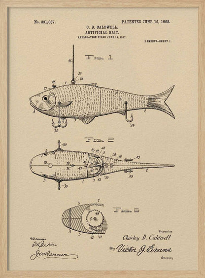 A framed vintage patent illustration for an artificial fishing bait, dated 1908. The technical drawing on beige paper shows multiple views of a fish-shaped lure, including its internal mechanics and hooks, complete with inventor and witness signatures. Decor