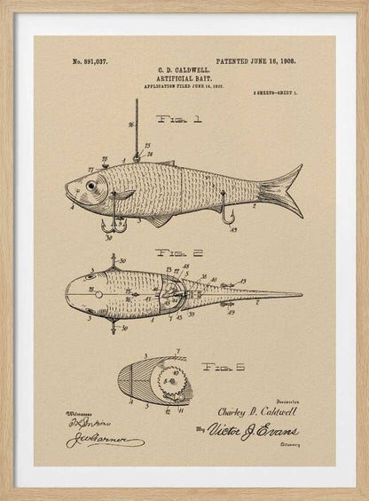 A framed vintage patent illustration for an artificial fishing bait, dated 1908. The technical drawing on beige paper shows multiple views of a fish-shaped lure, including its internal mechanics and hooks, complete with inventor and witness signatures. Decor