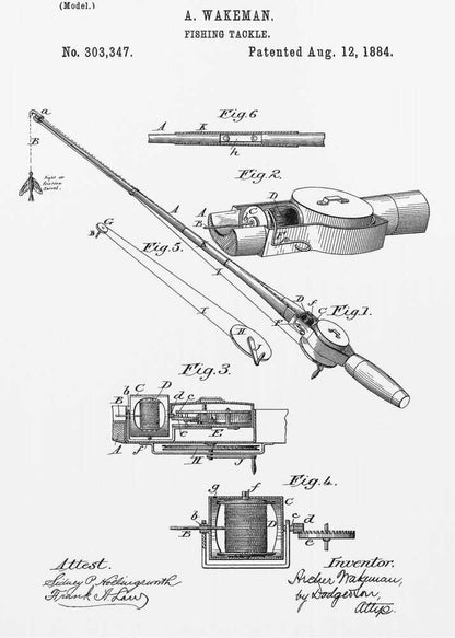 A framed black and white patent illustration for A. Wakeman's 'Fishing Tackle', patented August 12, 1884. The drawing shows detailed diagrams and cross-sections of a fishing rod and reel, labeled with figures and letters. Text includes the patent number, date, inventor's name, and attest signatures. Artwork