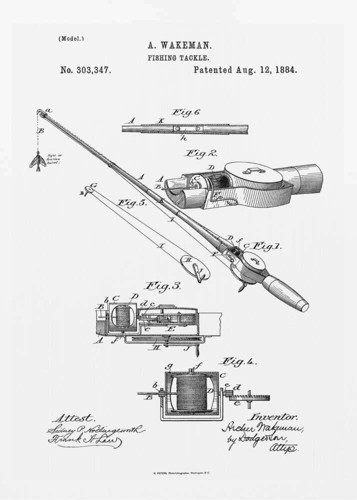 A framed black and white patent illustration for A. Wakeman's 'Fishing Tackle', patented August 12, 1884. The drawing shows detailed diagrams and cross-sections of a fishing rod and reel, labeled with figures and letters. Text includes the patent number, date, inventor's name, and attest signatures. Artwork