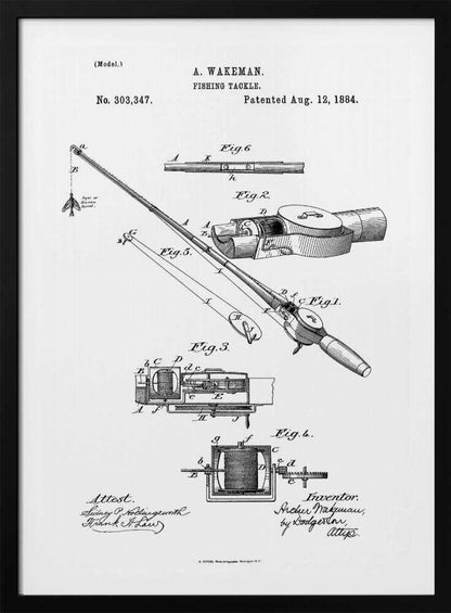 A framed black and white patent illustration for A. Wakeman's 'Fishing Tackle', patented August 12, 1884. The drawing shows detailed diagrams and cross-sections of a fishing rod and reel, labeled with figures and letters. Text includes the patent number, date, inventor's name, and attest signatures. Artwork