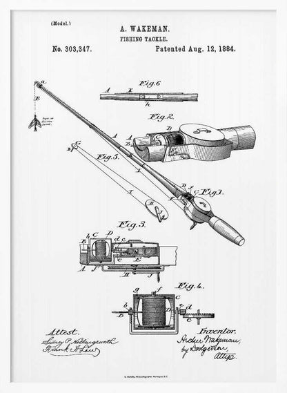 A framed black and white patent illustration for A. Wakeman's 'Fishing Tackle', patented August 12, 1884. The drawing shows detailed diagrams and cross-sections of a fishing rod and reel, labeled with figures and letters. Text includes the patent number, date, inventor's name, and attest signatures. Artwork