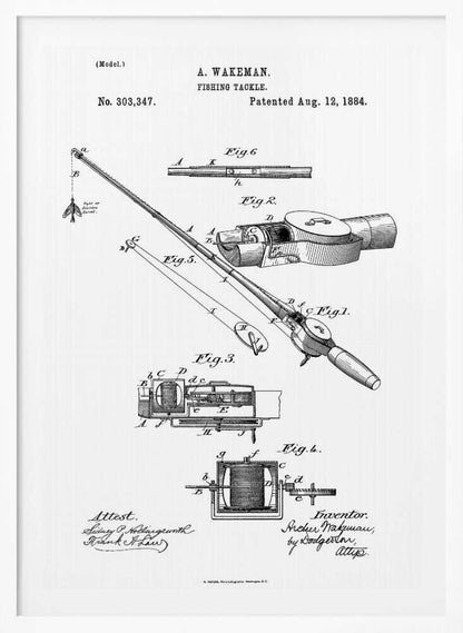A framed black and white patent illustration for A. Wakeman's 'Fishing Tackle', patented August 12, 1884. The drawing shows detailed diagrams and cross-sections of a fishing rod and reel, labeled with figures and letters. Text includes the patent number, date, inventor's name, and attest signatures. Artwork