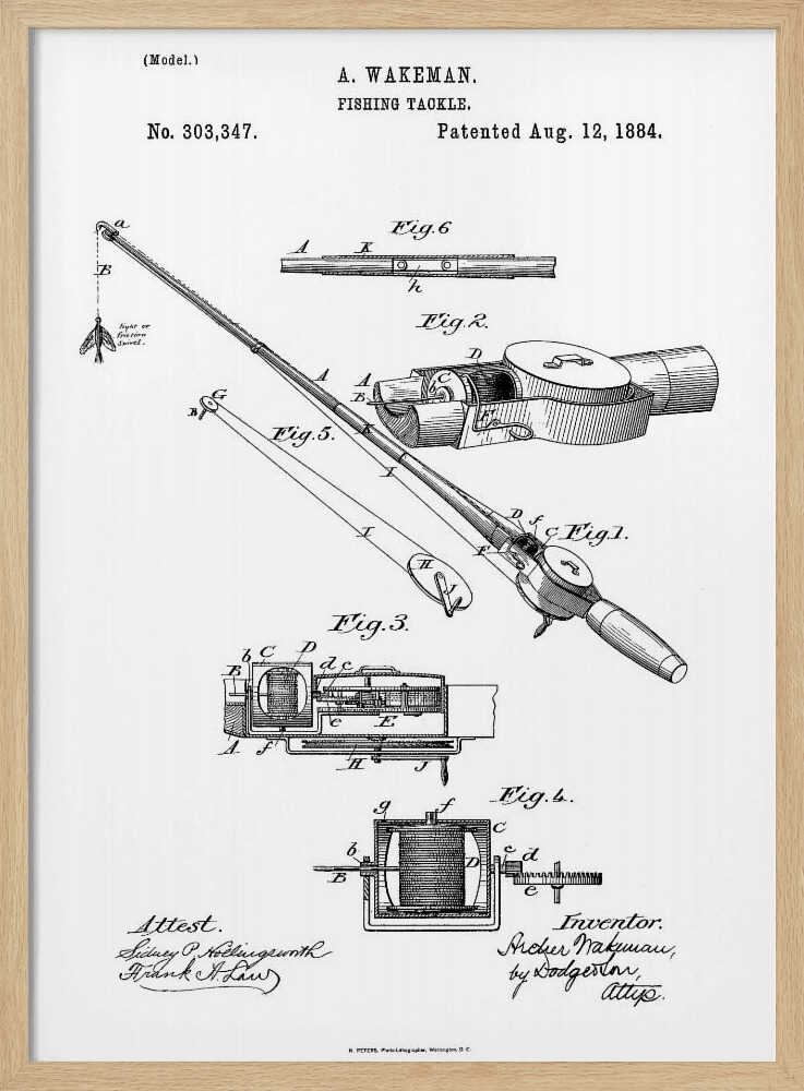 A framed black and white patent illustration for A. Wakeman's 'Fishing Tackle', patented August 12, 1884. The drawing shows detailed diagrams and cross-sections of a fishing rod and reel, labeled with figures and letters. Text includes the patent number, date, inventor's name, and attest signatures. Artwork