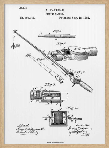 A framed black and white patent illustration for A. Wakeman's 'Fishing Tackle', patented August 12, 1884. The drawing shows detailed diagrams and cross-sections of a fishing rod and reel, labeled with figures and letters. Text includes the patent number, date, inventor's name, and attest signatures. Artwork