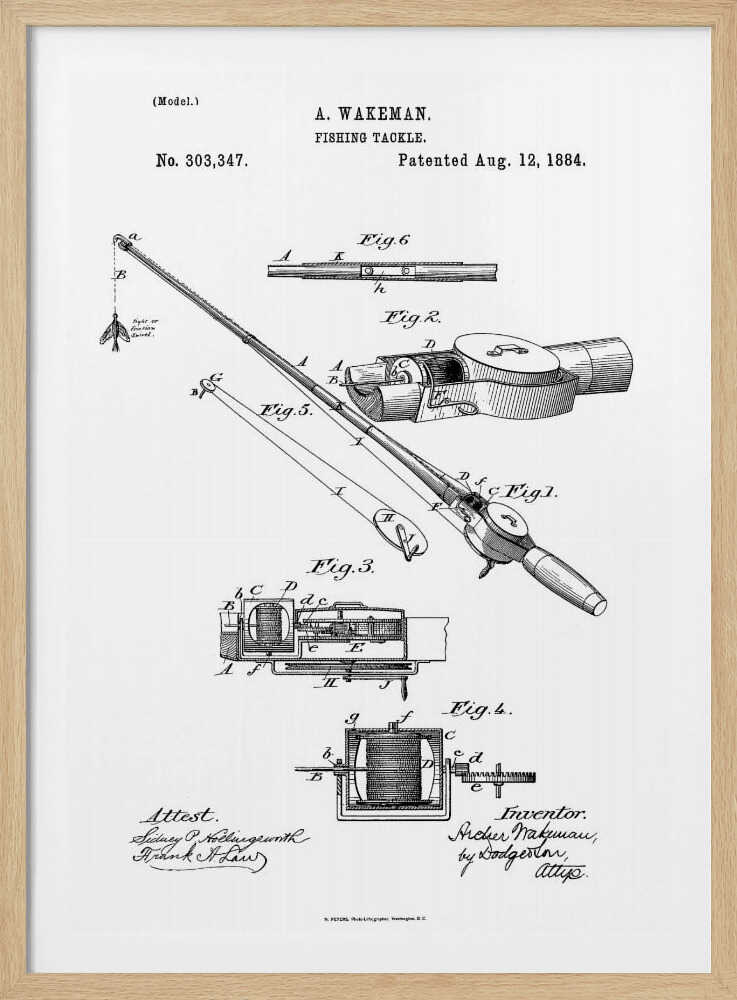A framed black and white patent illustration for A. Wakeman's 'Fishing Tackle', patented August 12, 1884. The drawing shows detailed diagrams and cross-sections of a fishing rod and reel, labeled with figures and letters. Text includes the patent number, date, inventor's name, and attest signatures. Artwork