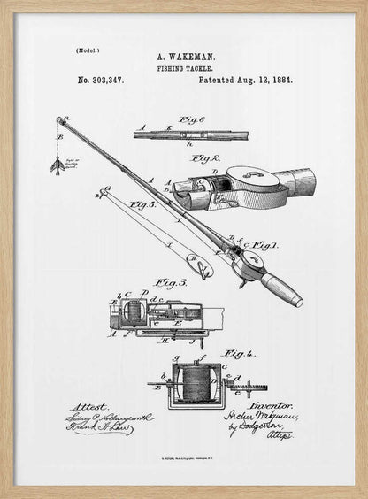 A framed black and white patent illustration for A. Wakeman's 'Fishing Tackle', patented August 12, 1884. The drawing shows detailed diagrams and cross-sections of a fishing rod and reel, labeled with figures and letters. Text includes the patent number, date, inventor's name, and attest signatures. Artwork