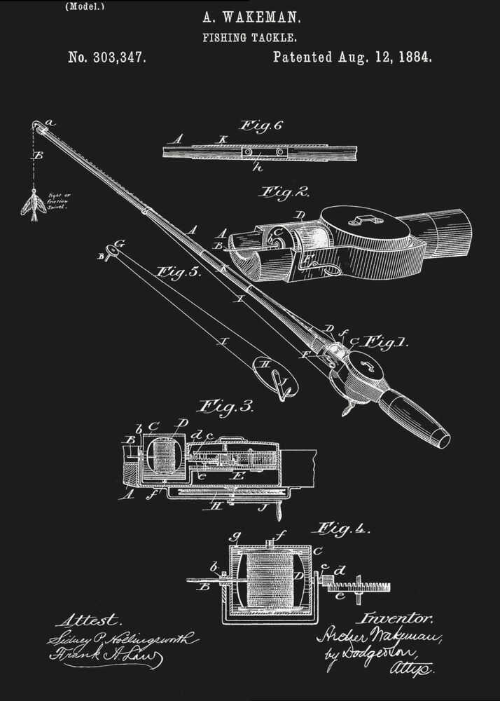 A framed vintage patent illustration for A. Wakeman's fishing tackle, dated August 12, 1884. The technical drawing, rendered in white lines on a black background, details the mechanics of a fishing rod and reel through multiple figures. Print