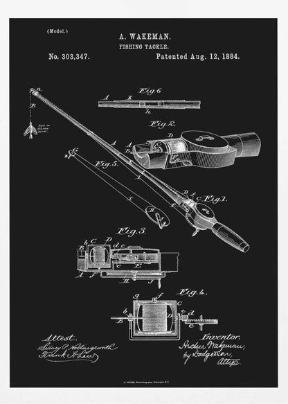 A framed vintage patent illustration for A. Wakeman's fishing tackle, dated August 12, 1884. The technical drawing, rendered in white lines on a black background, details the mechanics of a fishing rod and reel through multiple figures. Print