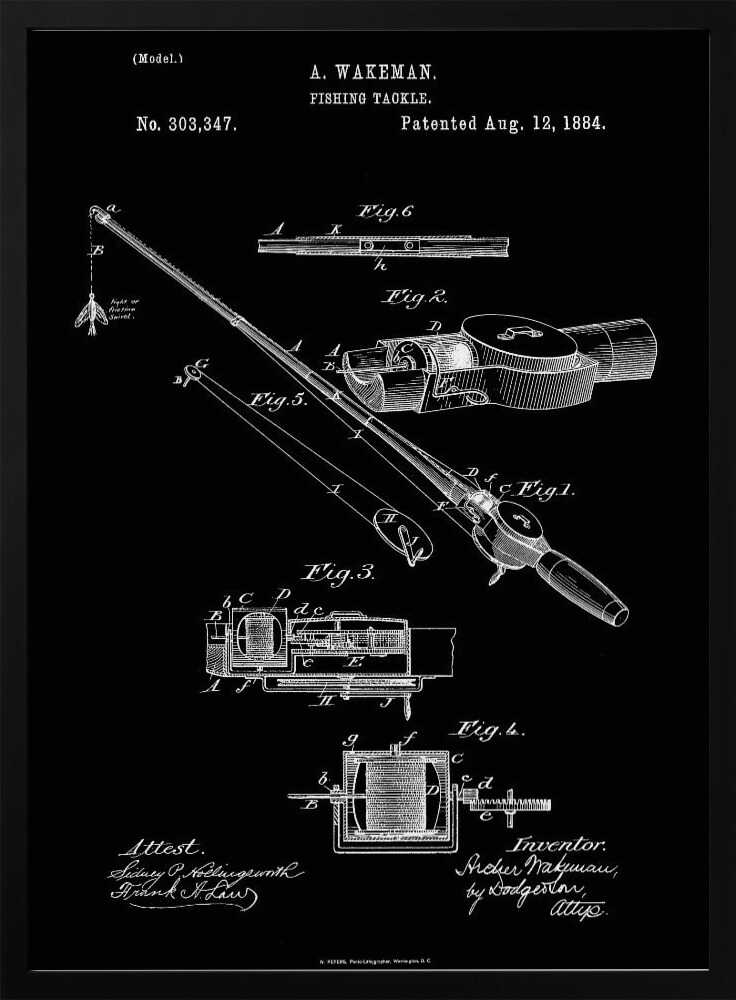 A framed vintage patent illustration for A. Wakeman's fishing tackle, dated August 12, 1884. The technical drawing, rendered in white lines on a black background, details the mechanics of a fishing rod and reel through multiple figures. Print