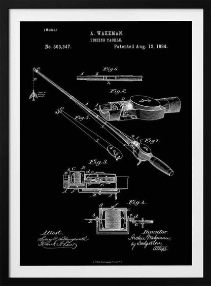 A framed vintage patent illustration for A. Wakeman's fishing tackle, dated August 12, 1884. The technical drawing, rendered in white lines on a black background, details the mechanics of a fishing rod and reel through multiple figures. Print