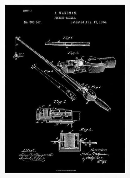 A framed vintage patent illustration for A. Wakeman's fishing tackle, dated August 12, 1884. The technical drawing, rendered in white lines on a black background, details the mechanics of a fishing rod and reel through multiple figures. Print