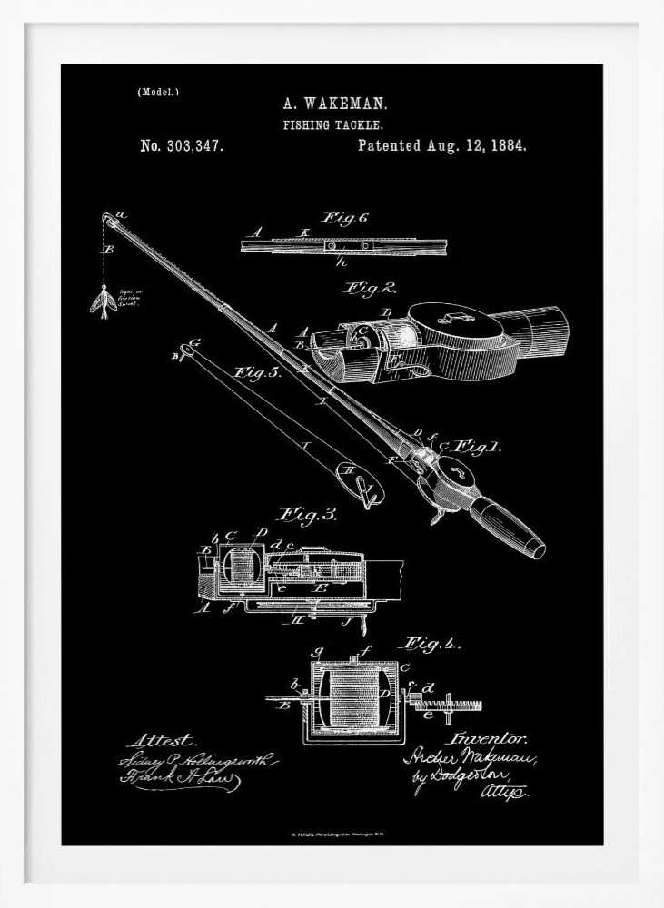 A framed vintage patent illustration for A. Wakeman's fishing tackle, dated August 12, 1884. The technical drawing, rendered in white lines on a black background, details the mechanics of a fishing rod and reel through multiple figures. Print