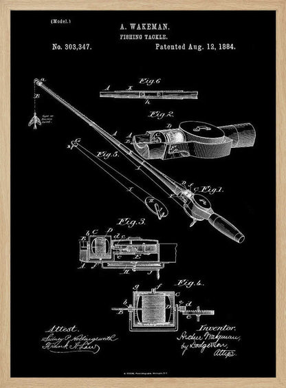 A framed vintage patent illustration for A. Wakeman's fishing tackle, dated August 12, 1884. The technical drawing, rendered in white lines on a black background, details the mechanics of a fishing rod and reel through multiple figures. Print