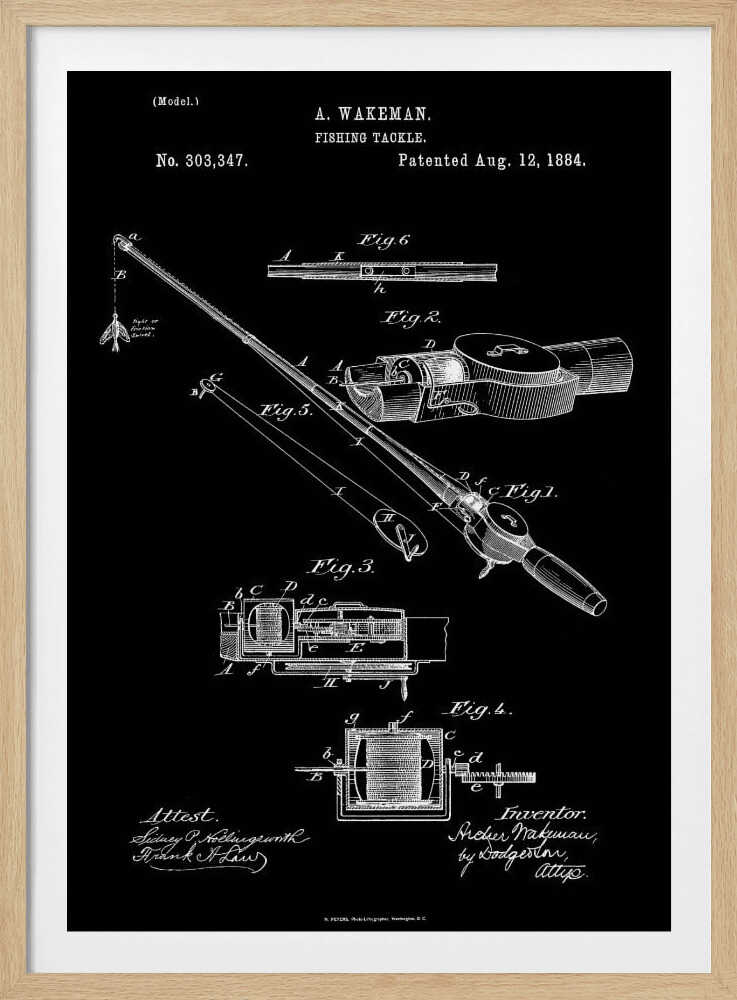 A framed vintage patent illustration for A. Wakeman's fishing tackle, dated August 12, 1884. The technical drawing, rendered in white lines on a black background, details the mechanics of a fishing rod and reel through multiple figures. Print