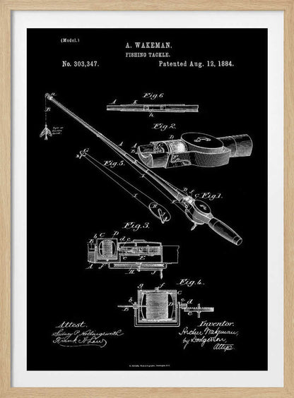 A framed vintage patent illustration for A. Wakeman's fishing tackle, dated August 12, 1884. The technical drawing, rendered in white lines on a black background, details the mechanics of a fishing rod and reel through multiple figures. Print