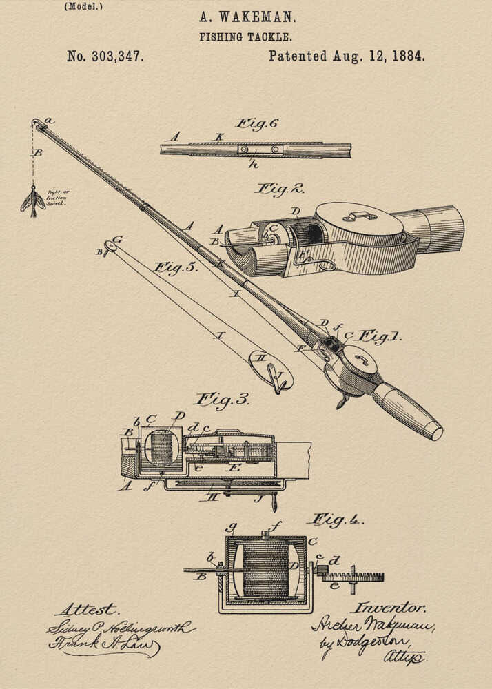 A framed vintage patent illustration for 'Fishing Tackle' by A. Wakeman, dated August 12, 1884. The artwork, in black ink on beige parchment-style paper, features detailed technical drawings of a fishing rod and reel from various angles. Print