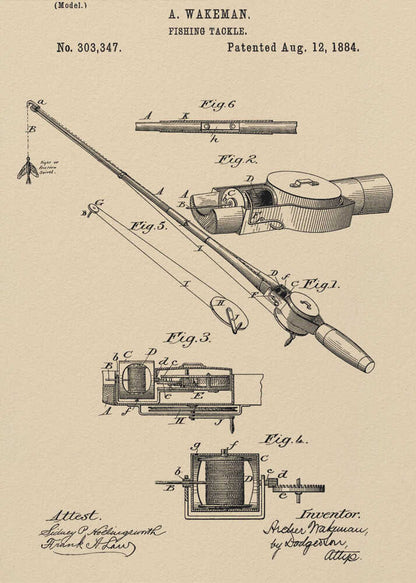 A framed vintage patent illustration for 'Fishing Tackle' by A. Wakeman, dated August 12, 1884. The artwork, in black ink on beige parchment-style paper, features detailed technical drawings of a fishing rod and reel from various angles. Print